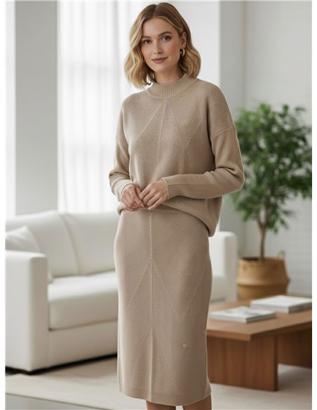 Conjunto Jersey canalé geométrico + Falda midi