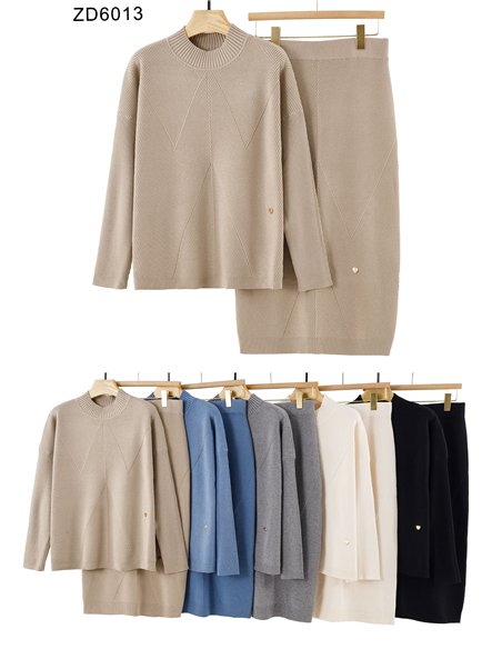 Conjunto Jersey canalé geométrico + Falda midi