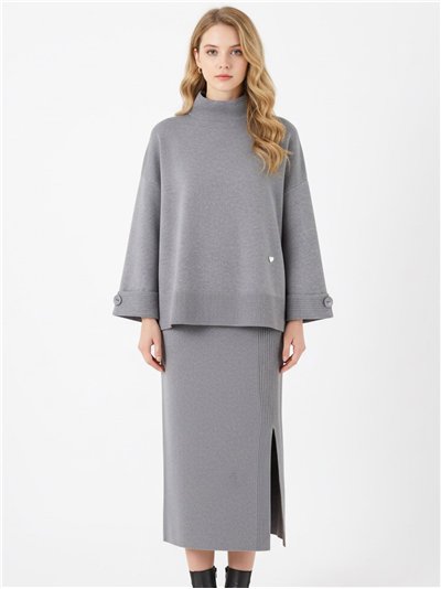 Conjunto Jersey cuello perkins manga botones + Falda