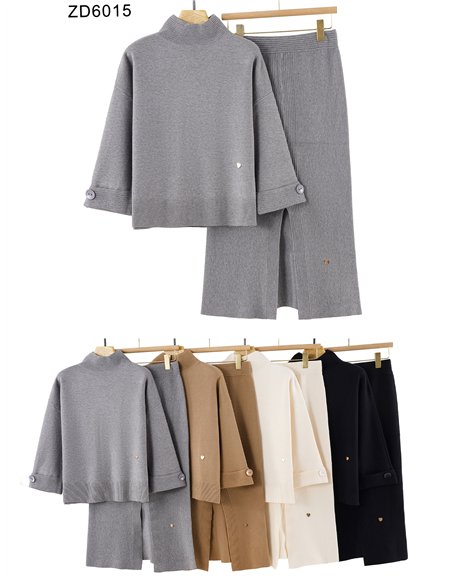 Conjunto Jersey cuello perkins manga botones + Falda