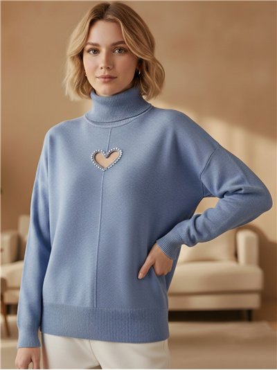 Jersey con corazón strass cuello vuelto 