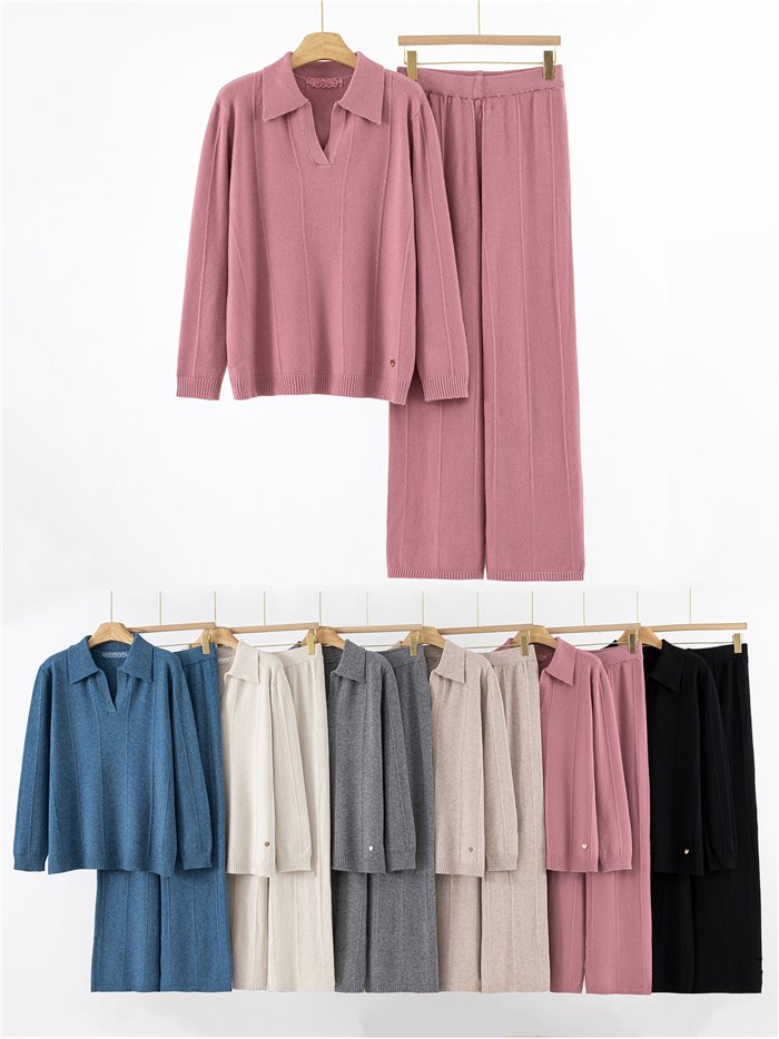 Conjunto Jersey canalé cuello polo + Pantalón