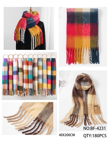 Bufanda cuadros multicolor con flecos