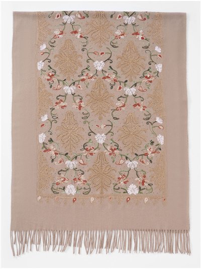 Bufanda bordada floral con flecos y strass