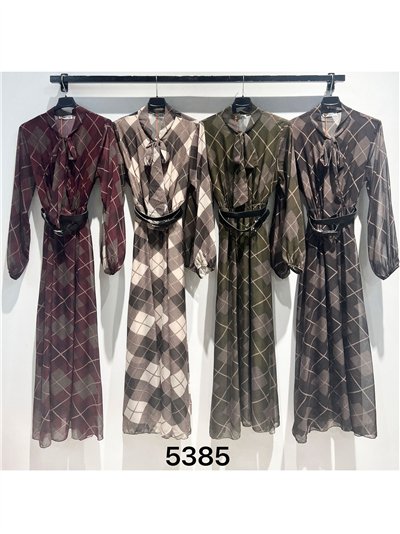 Vestido largo gasa cuadros lazo