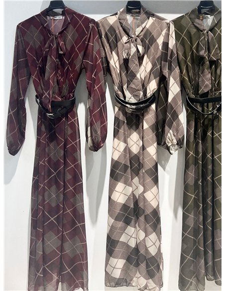 Vestido largo gasa cuadros lazo