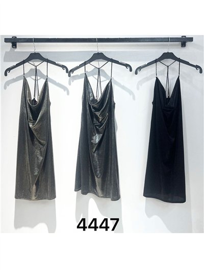 Vestido corto fiesta escote drapeado metalizado