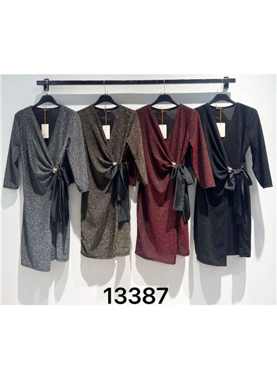 Vestido fiesta cruzado de lurex con lazo satinado