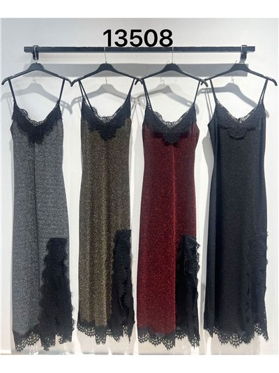 Vestido largo lencero fiesta de lurex con encaje