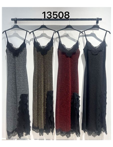 Vestido largo lencero fiesta de lurex con encaje