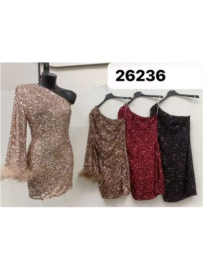 Vestido corto fiesta asimétrico de lentejuelas con plumas