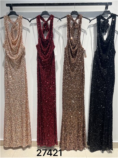 Vestido largo fiesta de lentejuelas cuello halter