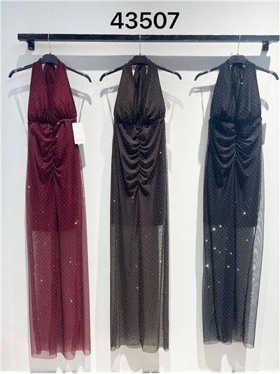 Vestido largo fiesta de tul plumeti cuello halter