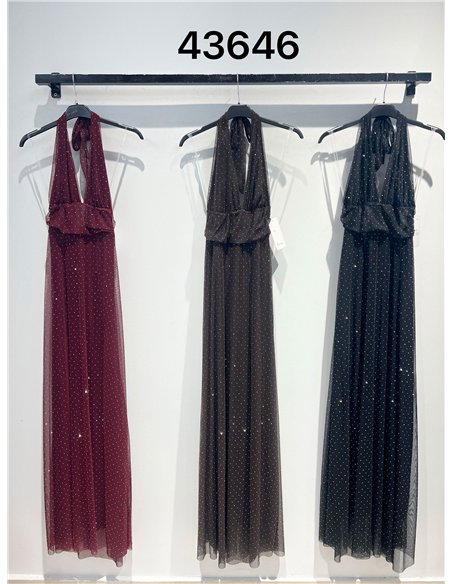 Vestido largo fiesta de tul plumeti cuello halter