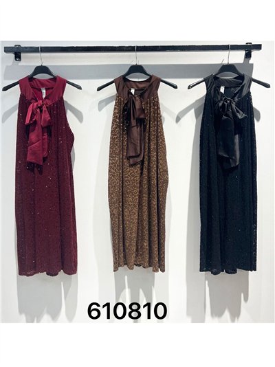 Vestido fiesta cuello lazada con brillo