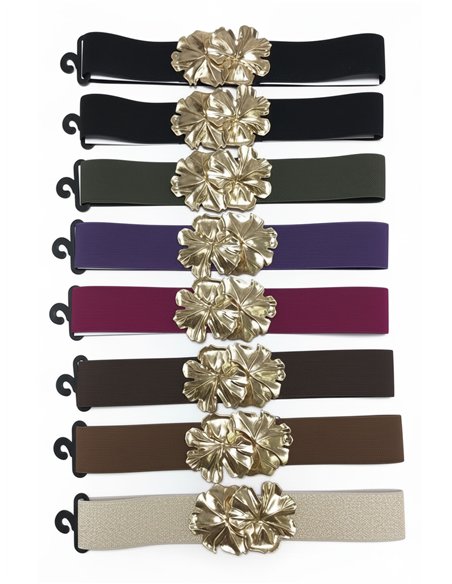 Cinturón elástico hebilla flores metálicas