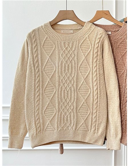 Jersey chenilla trenzado rombos cuello redondo