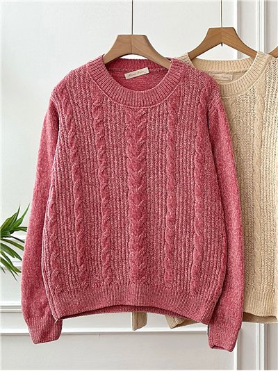 Jersey chenilla trenzado clásico cuello redondo