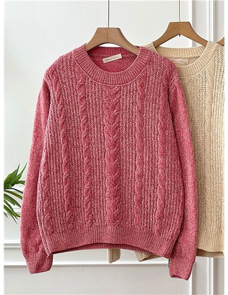 Jersey chenilla trenzado clásico cuello redondo