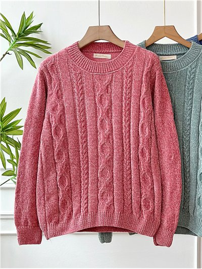 Round neck textured cable-chenille sweater 