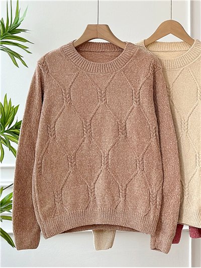Jersey chenilla punto relieve rombos cuello redondo