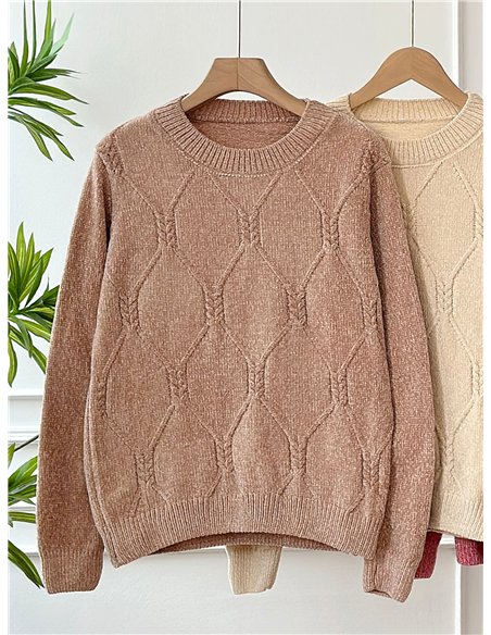 Jersey chenilla punto relieve rombos cuello redondo