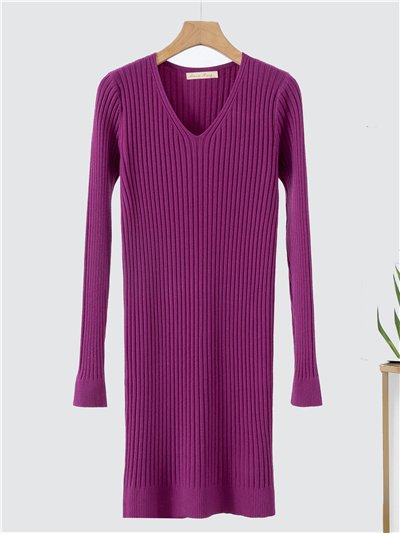 V-neck ribbed sweater dress