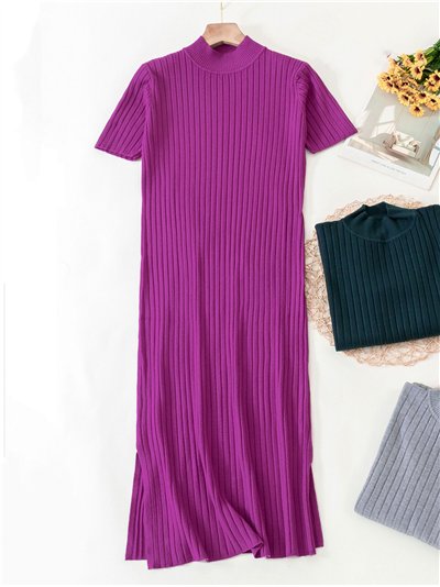 Vestido canalé aberturas manga corta cuello perkins