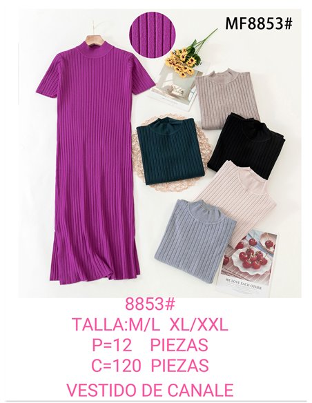 Vestido canalé aberturas manga corta cuello perkins