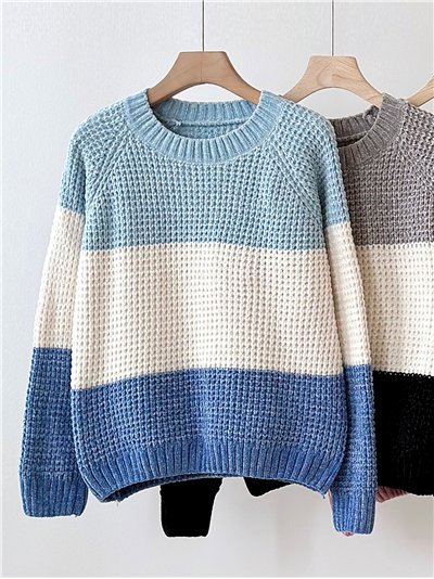Jersey chenilla bloques de color cuello redondo