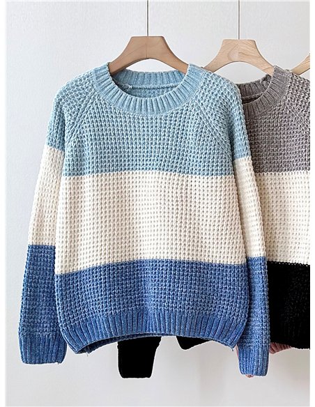 Jersey chenilla bloques de color cuello redondo