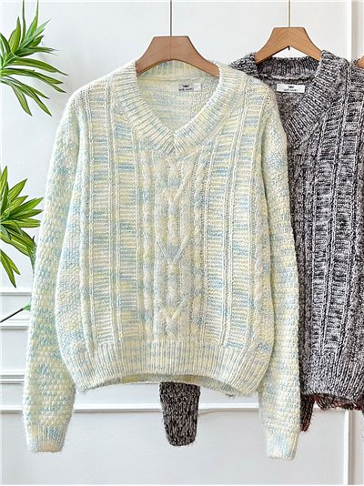 Jersey jaspeado trenzado escote pico