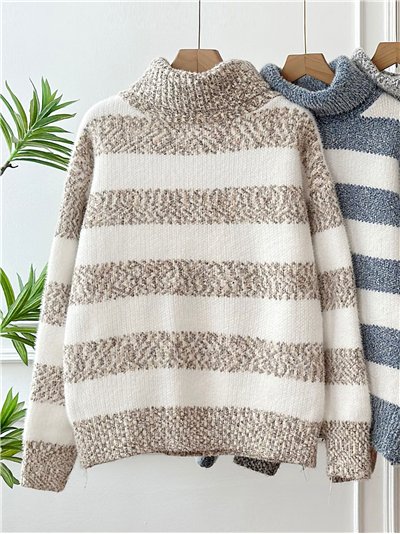Jersey rayas bouclé cuello vuelto