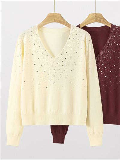 Jersey perlas y strass escote pico