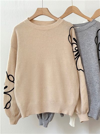 Jersey bordado floral relieve en mangas