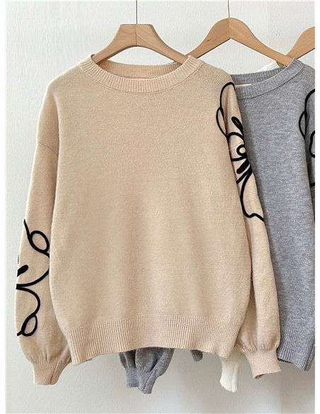 Jersey bordado floral relieve en mangas