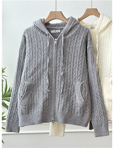 Chaqueta punto trenzado capucha y cremallera