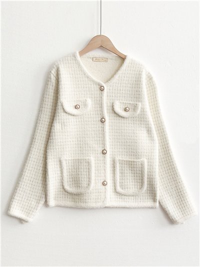 Chaqueta punto tweed ribete contraste y botones perla
