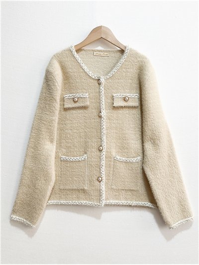 Chaqueta punto tweed ribete contraste y botones perla