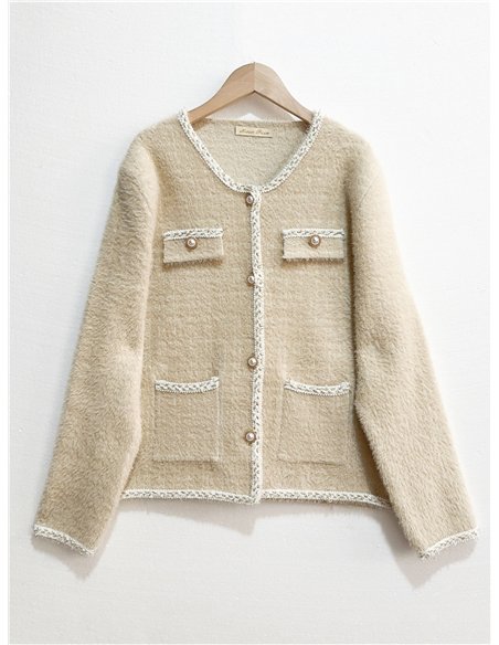 Chaqueta punto tweed ribete contraste y botones perla