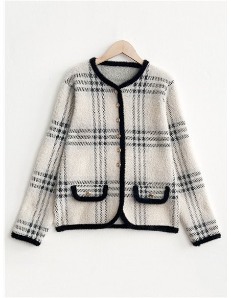 Chaqueta punto cuadros ribete contraste