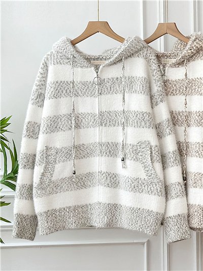 Sudadera punto rayas bouclé con capucha y cremallera