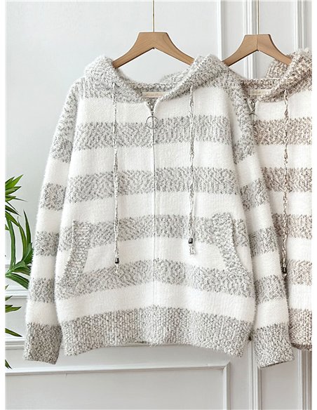 Sudadera punto rayas bouclé con capucha y cremallera