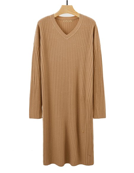 V-neck ribbed knit dress with sequins