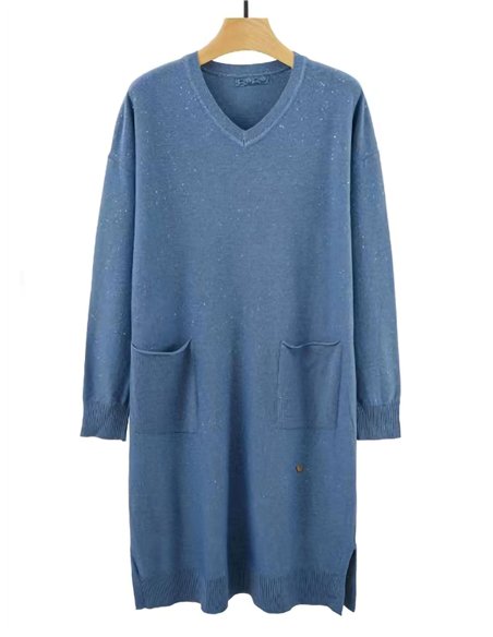 Vestido punto soft lentejuelas cuello pico