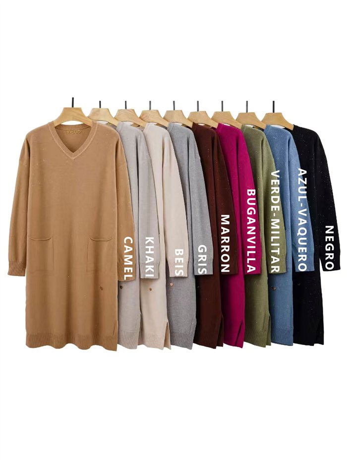 Vestido punto soft lentejuelas cuello pico