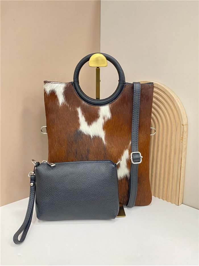 Animal print leather bag with faux fur