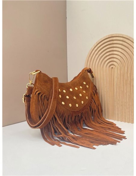 Bolso bandolera media luna piel serraje con flecos y tachuelas