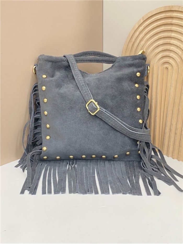 Bolso de mano piel serraje con flecos laterales