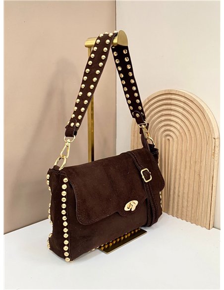 Bolso de hombro piel serraje con tira tachonada